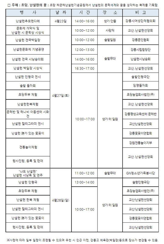 2019년 난설헌 문화제 일정표